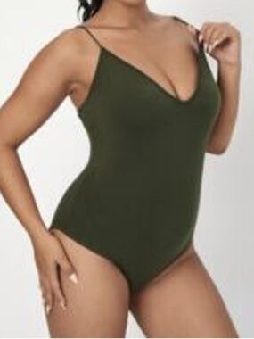 SHEIN Olive Green V-Neck Spaghetti Strap Bodysuit